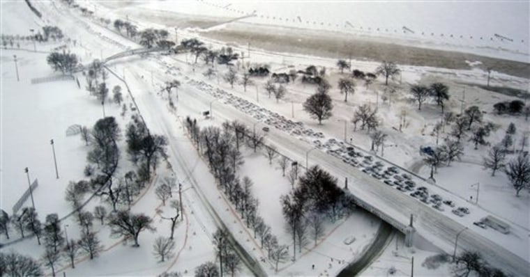 Some of the hundreds of vehicles abandoned on Chicago's Lake Shore Drive are seen Wednesday.